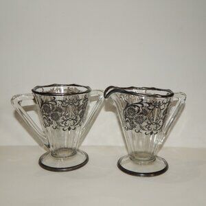 Vintage Clear Glass Cream & Sugar Set with Black Floral Pattern